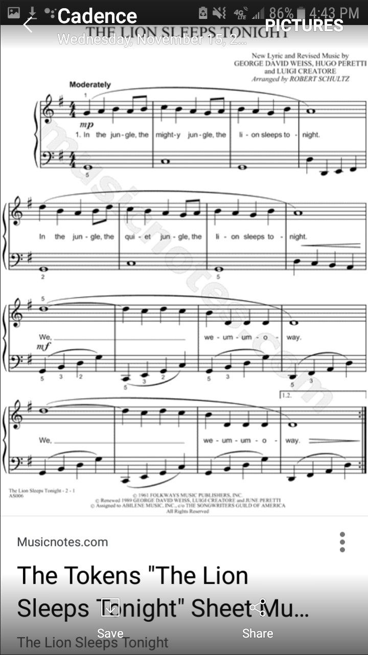The Lion Sleeps Tonight (Lion King) throughout Free Printable Piano Sheet Music For The Lion Sleeps Tonight