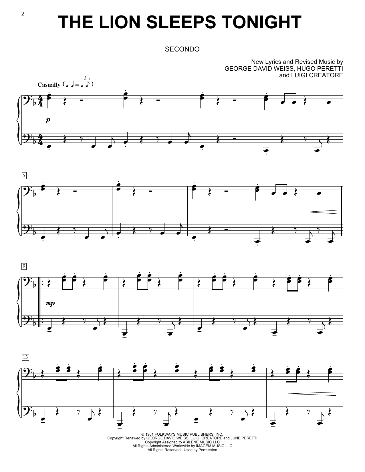The Lion Sleeps Tonighttokens Sheet Music For Piano Duet At in Free Printable Piano Sheet Music For the Lion Sleeps Tonight
