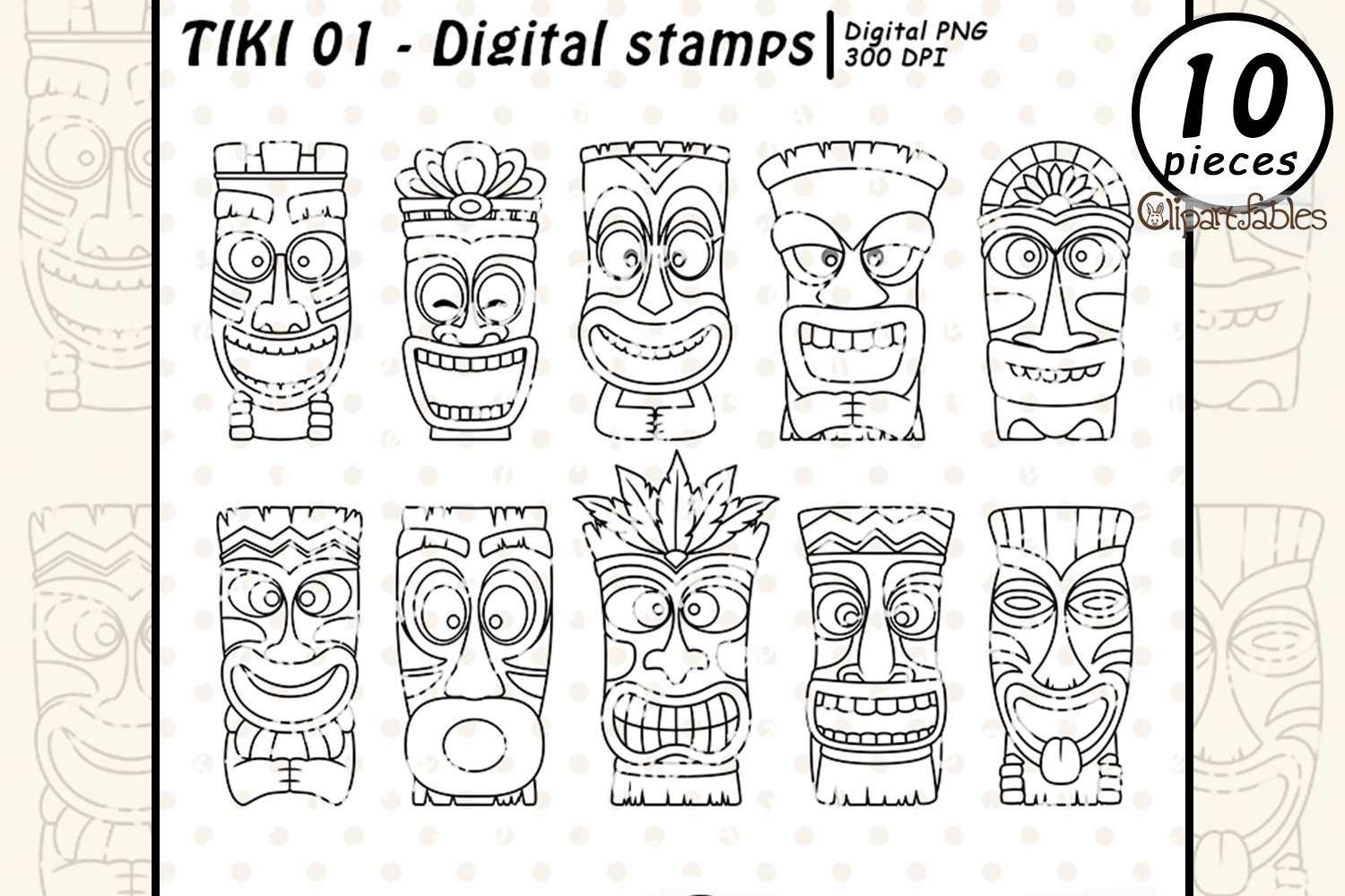 Tiki Mask - Digital Stamps, Polynesian Statue, Maori Outline with Free Printable Tiki Stencils