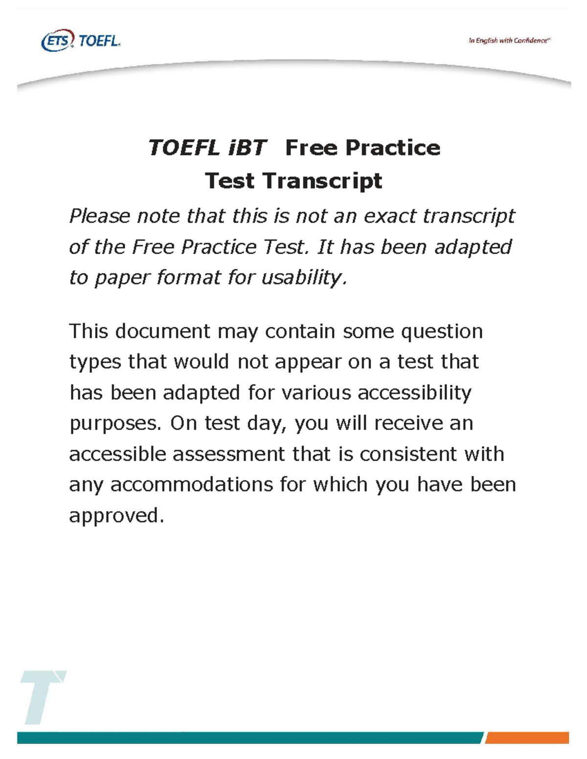 Toefl Ibt Free Practice Test Transcript (Large Print Adaptation within Free Printable Toefl Practice Tests