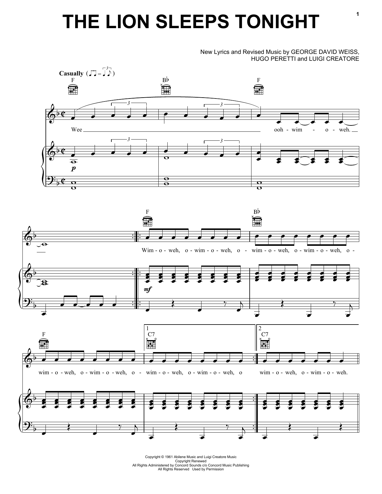Tokens The Lion Sleeps Tonight Sheet Music Notes, Chords | Download Printable Piano, Vocal &amp;amp; Guitar Chords (Right-Hand Melody) Pdf Score - Sku: 154044 inside Free Printable Piano Sheet Music For The Lion Sleeps Tonight