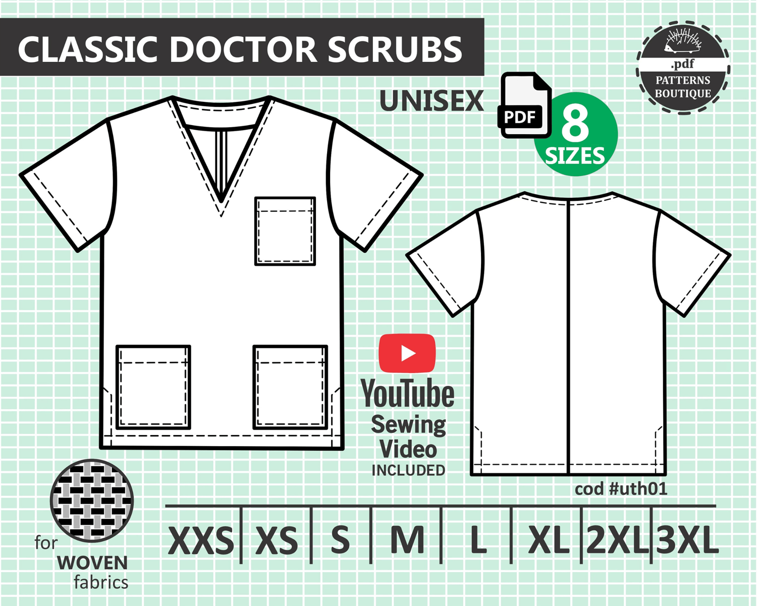 Unisex Doctor Scrubs (Top) / Pdf Sewing Pattern &amp;amp; Youtube Video in Printable Free Downloadable Scrub Top Pattern