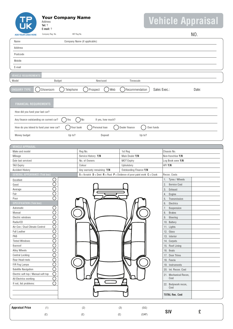 Used Car Vehicle Appraisal Template | Printed From £54 regarding Free Printable Vehicle Appraisal Form