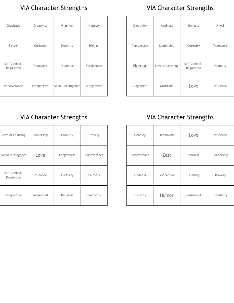 Via Character Strengths Bingo Cards - Wordmint intended for Free Character Strength Cards Printable