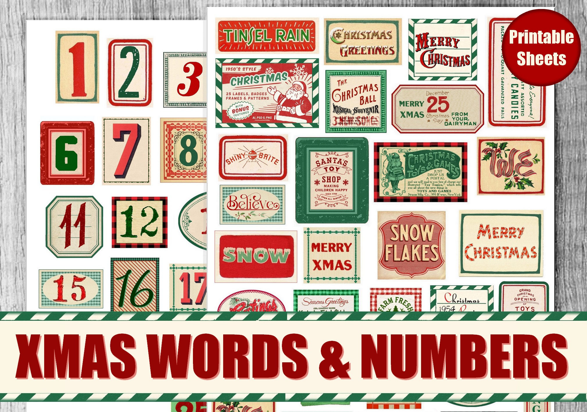 Vintage Christmas Number And Words Labels, Junk Journal, Tags for Free Printable Vintage Number Stencils