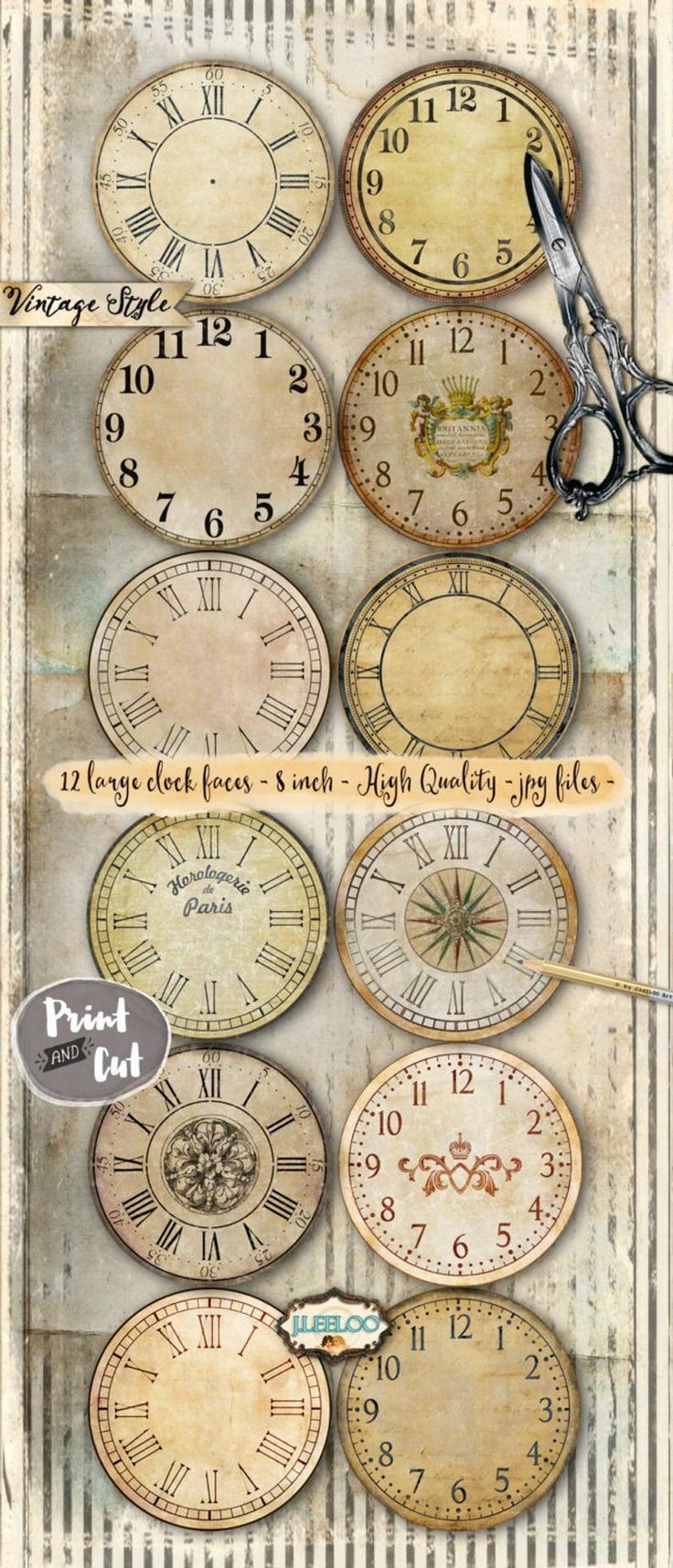 Vintage Clock 8 Inch Circle Printable Clock Face Jpeg Clipart throughout Free Printable Clock Faces For Crafts