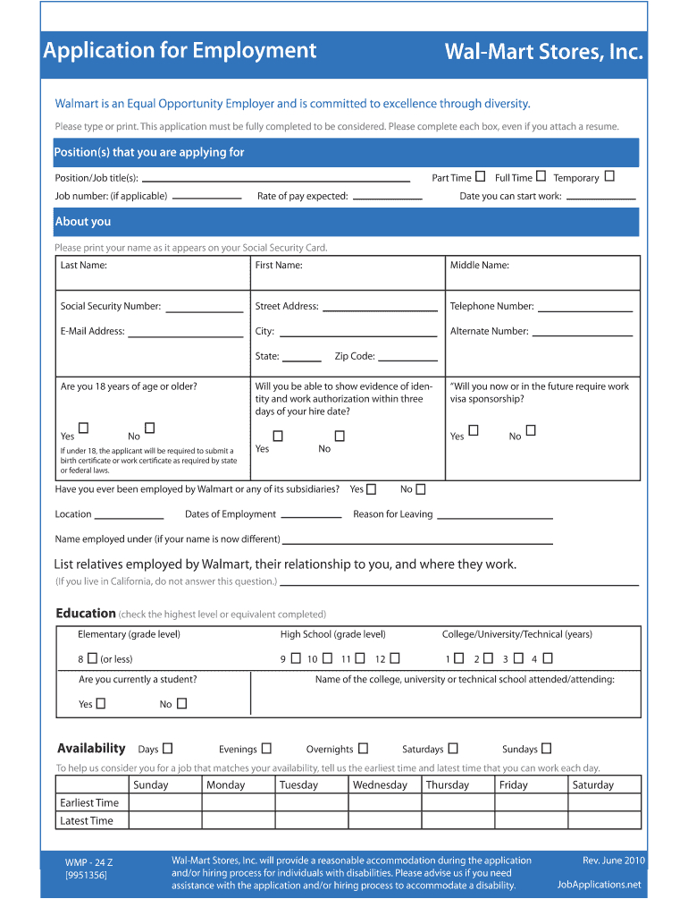 Walmart Application - Fill Online, Printable, Fillable, Blank in Free Printable Job Application For Walmart