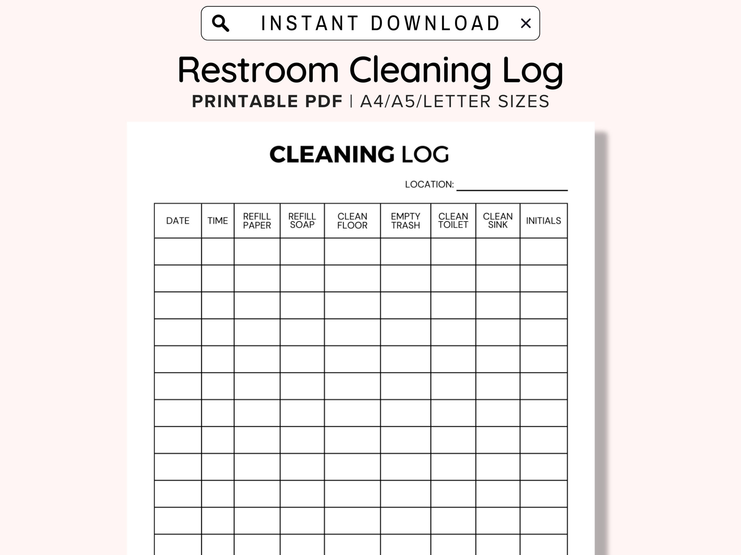 Weekly Bathroom Cleaning Chart Printable, Restroom Cleaning Log inside Free Bathroom Cleaning Log Template