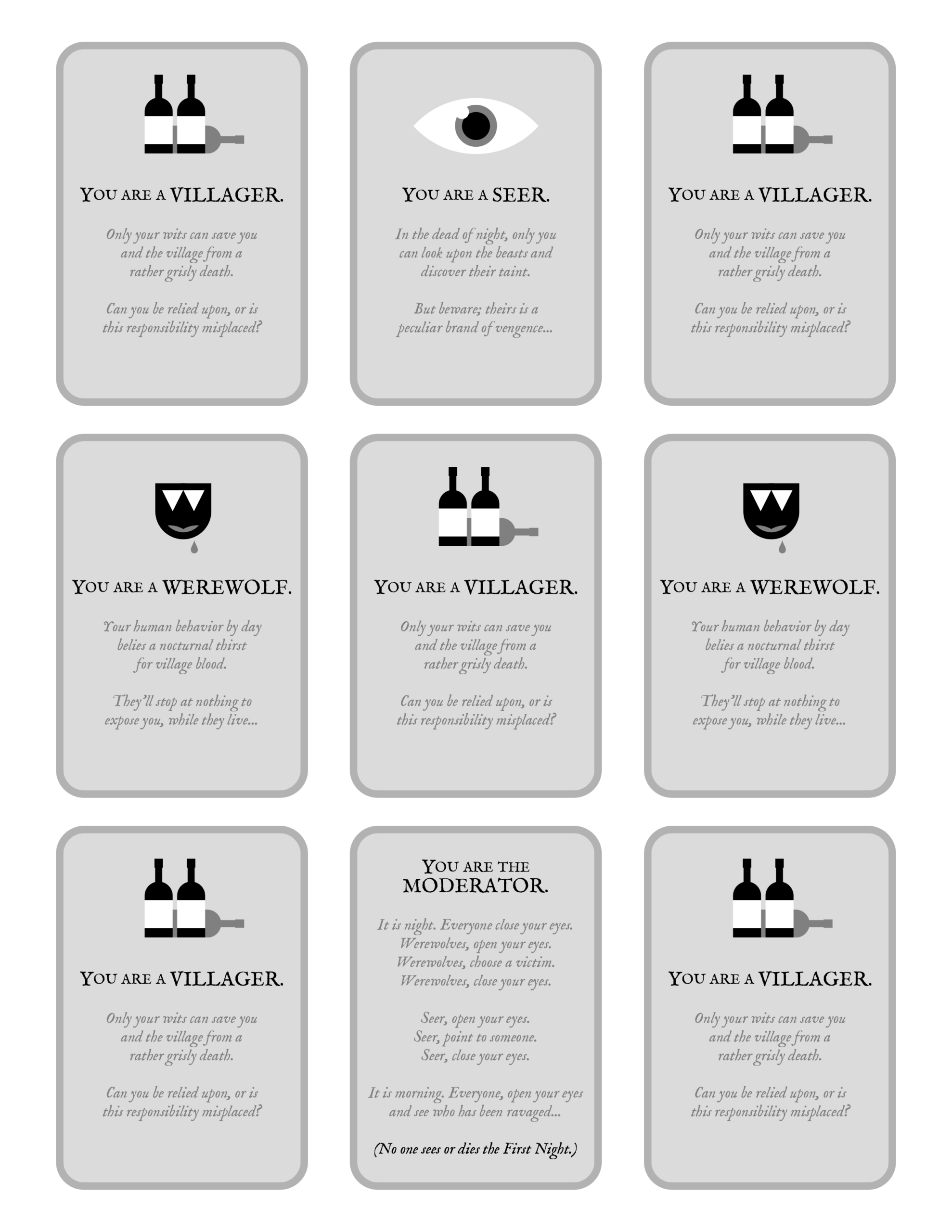 Werewolf Cards | The Cookblog for Free Printable Werewolf Game Cards