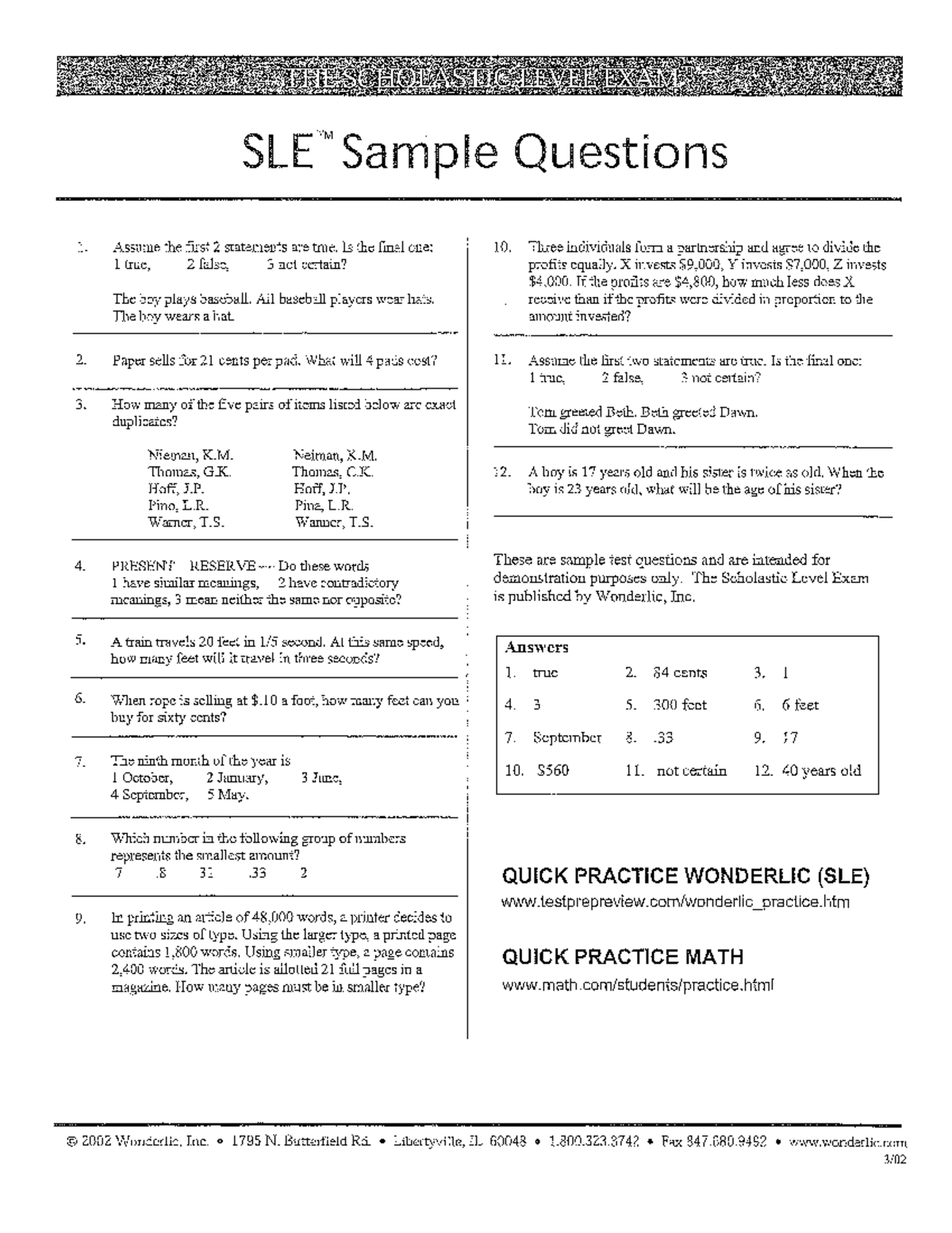 Wonderlic Practice Questions - Thescholasticlevelexam Tm Tm Sle in Free Printable Wonderlic Practice Test