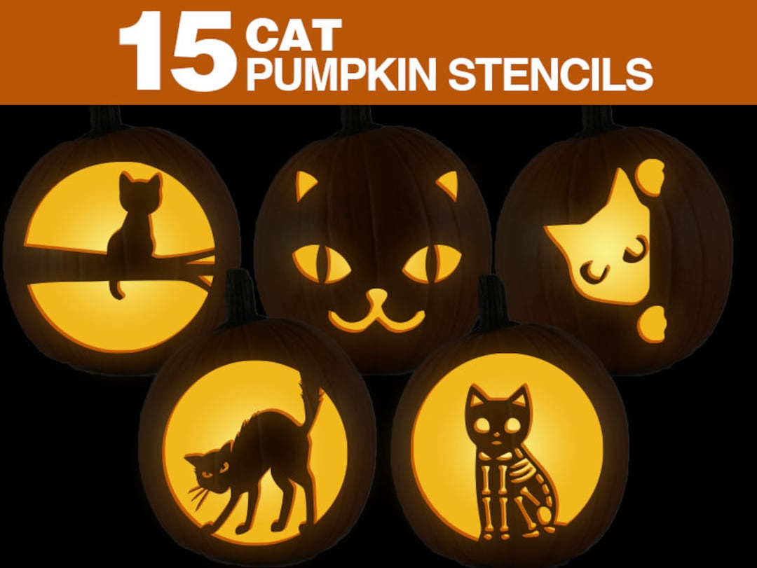 Cat Pumpkin Stencils || Printable Cat Pumpkin Carving Stancils Set inside Printable Cat Face Pumpkin Stencil