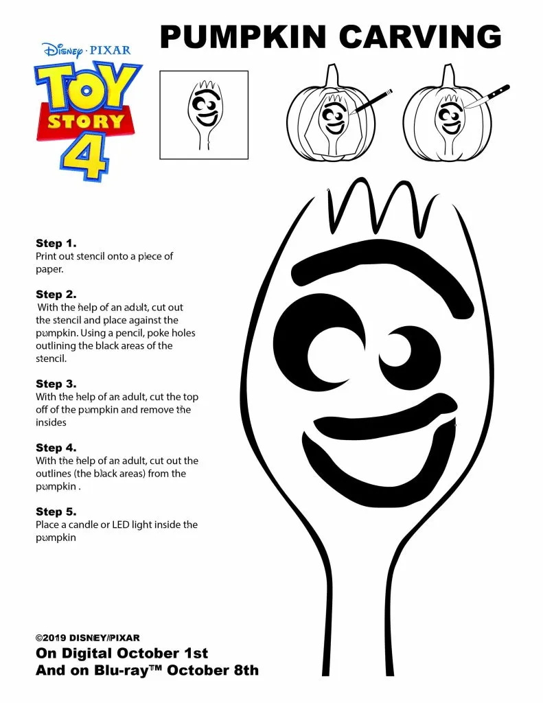 Free Toy Story 4 'Forky' Pumpkin Carving Halloween Template ~ Free inside Printable Toy Story Pumpkin Stencil