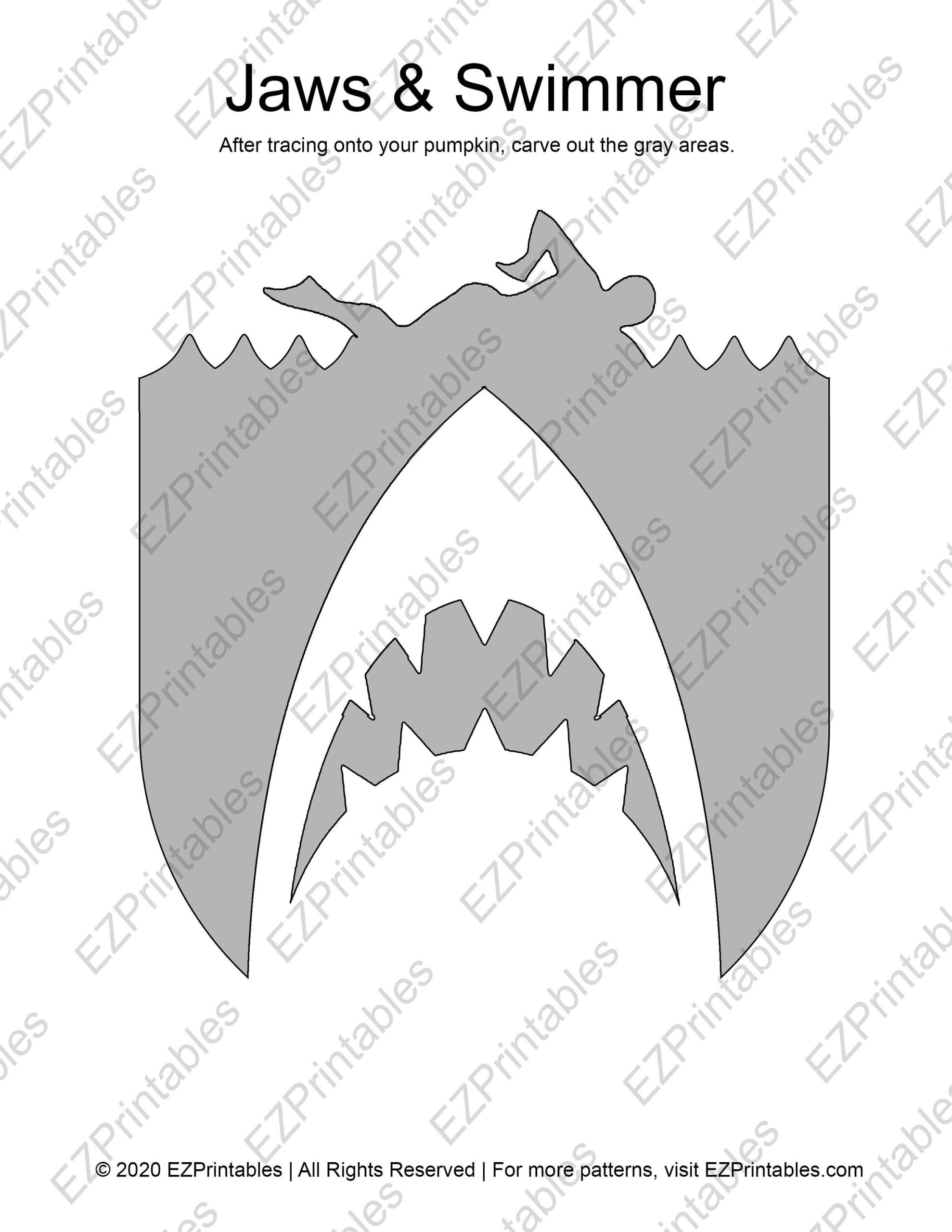 Printable Pumpkin Stencil For Carving - Jaws Shark And Swimmer in Printable Shark Pumpkin Stencil