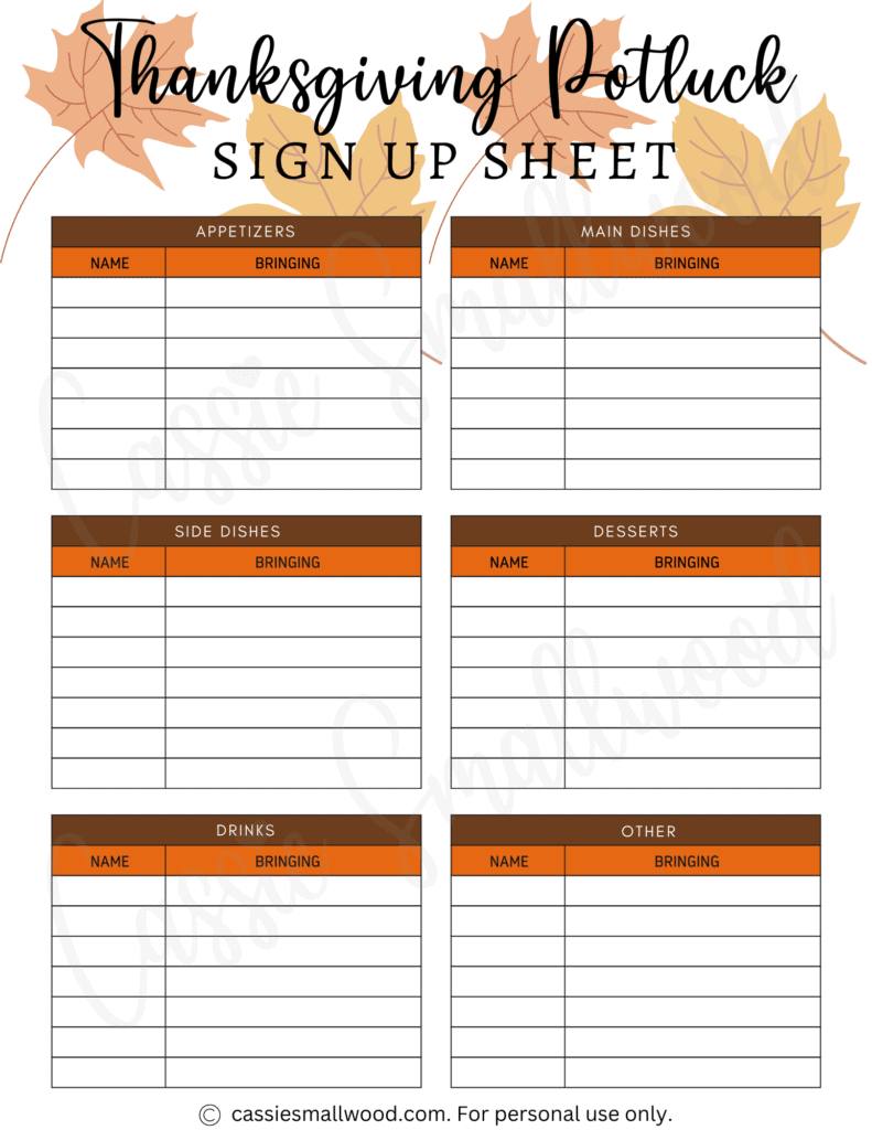 10 Cute Thanksgiving Potluck Sign Up Sheets - Cassie Smallwood intended for Thanksgiving Potluck Sign Up Printable