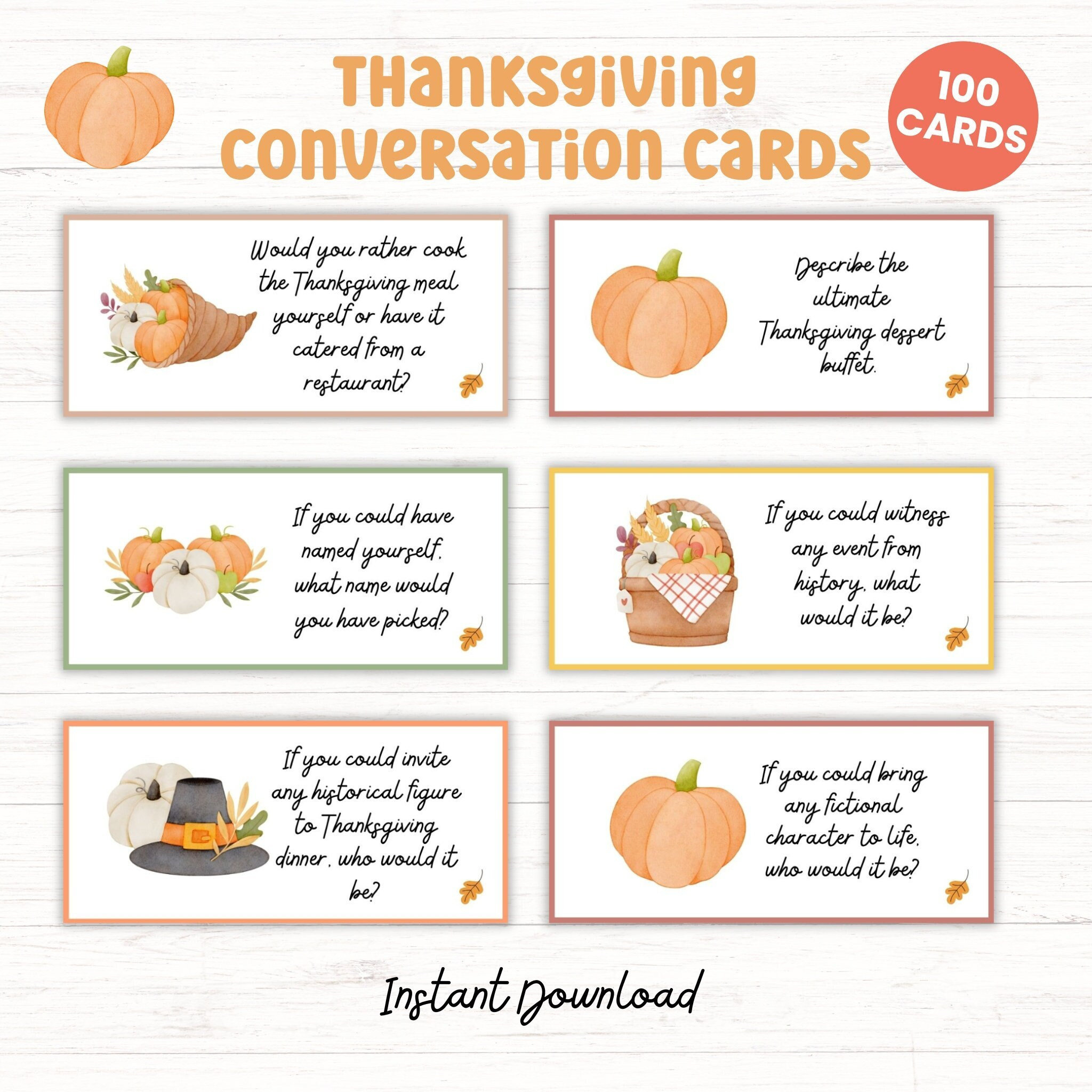 100 Thanksgiving Conversation Starter Cards, Printable | Family in Thanksgiving Conversation Cards Printable