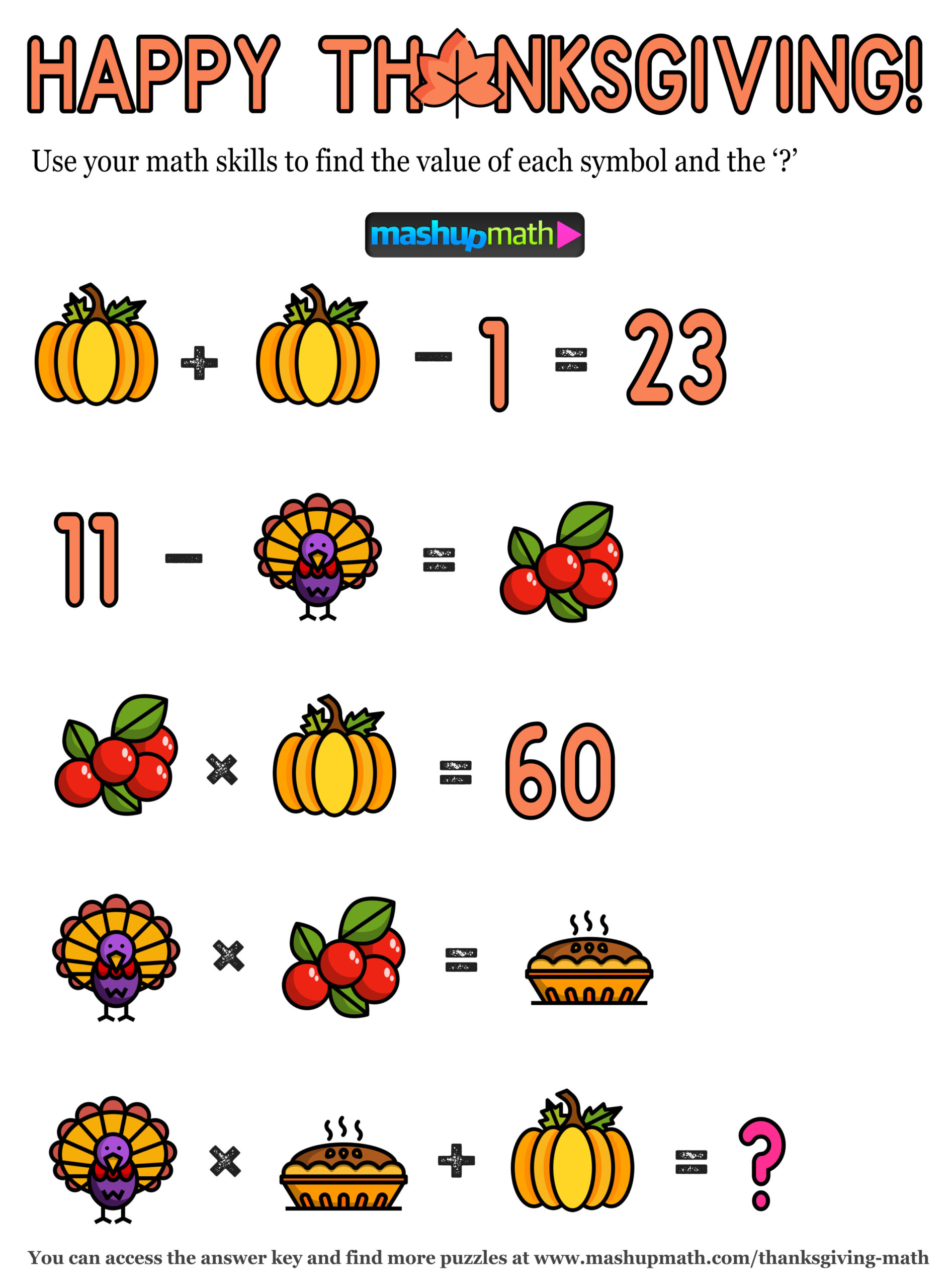 12 Thanksgiving Math Activities For Grades 1-8 — Mashup Math with regard to Thanksgiving Logic Puzzle Printables Free