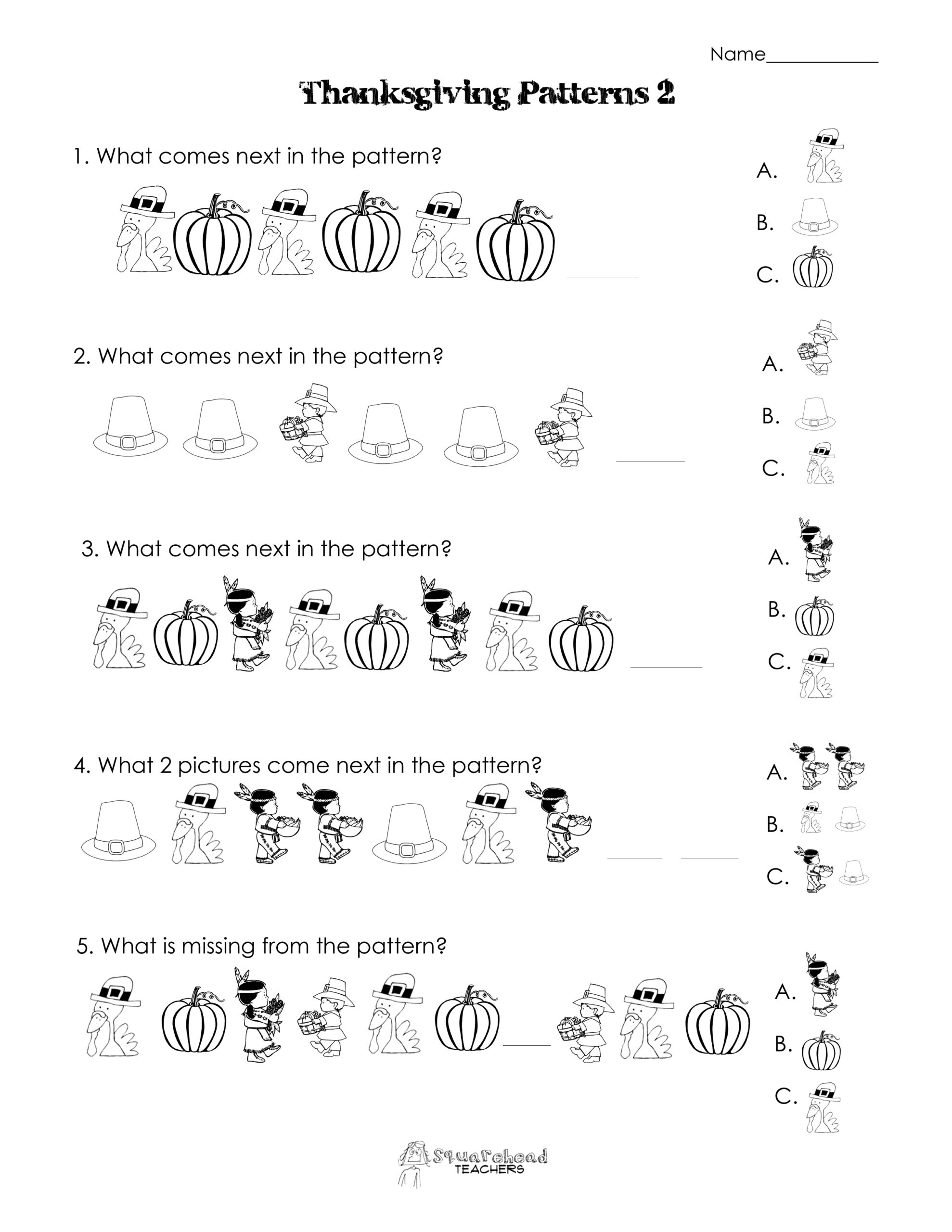 Another Thanksgiving Patterns Worksheet (K-2Nd) | Squarehead Teachers with Thanksgiving 2nd Grade Worksheets