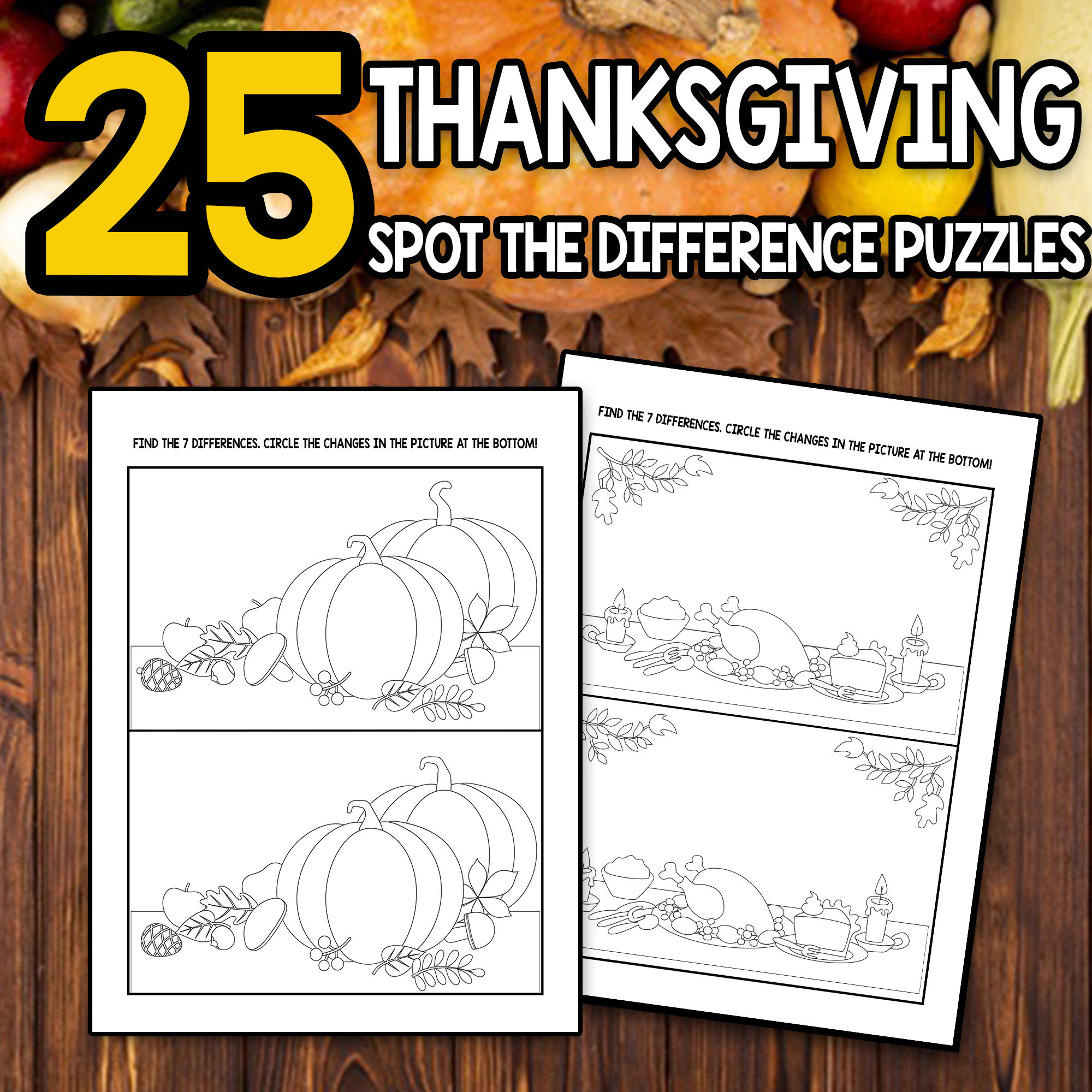 Best Value - 25 Spot The Difference Puzzles - Instant Download for Thanksgiving Find the Differences Printable