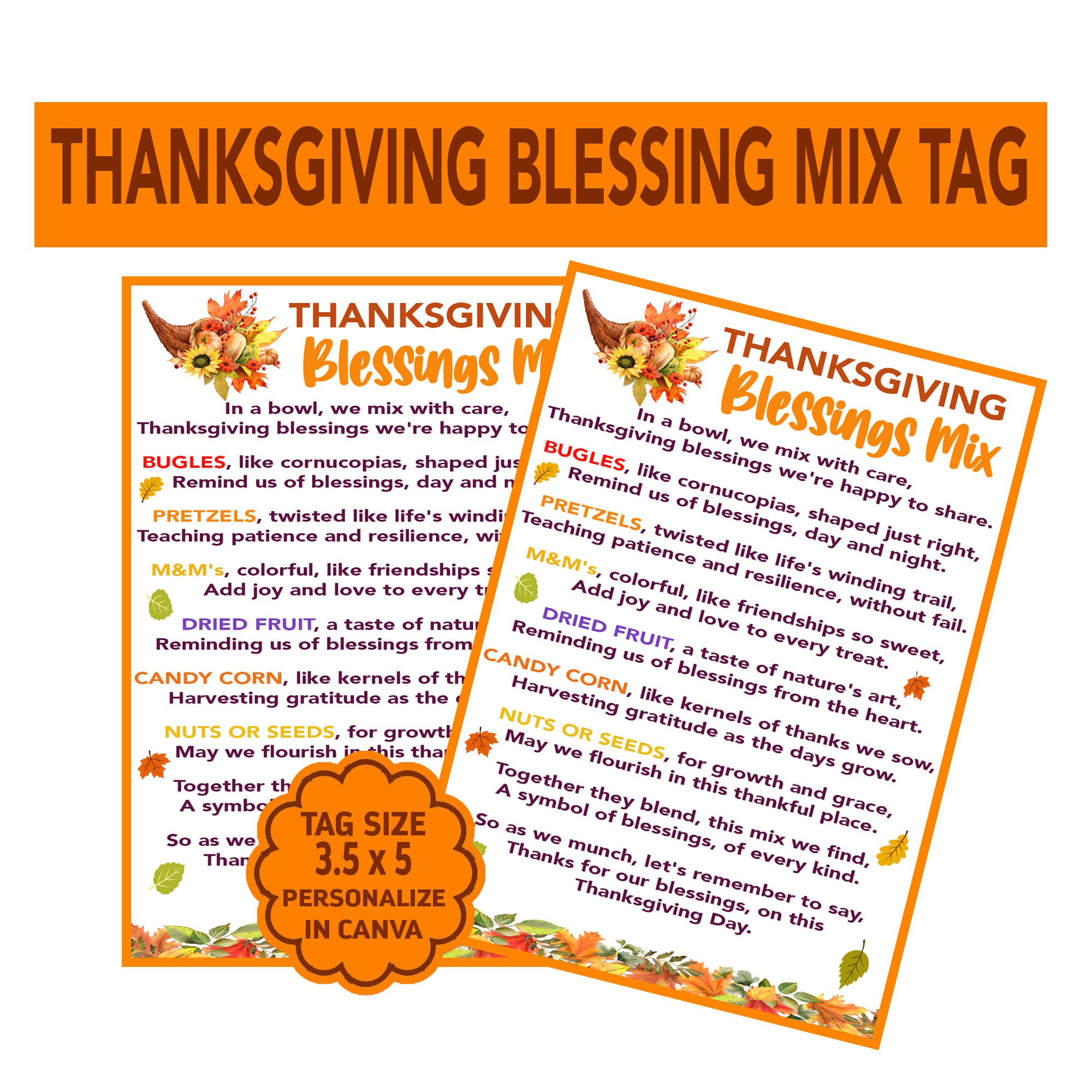 Blessings Mix Tags, Snack Mix Tags, Thanksgiving Gift Tags, Candy throughout Thanksgiving Blessing Mix Poem