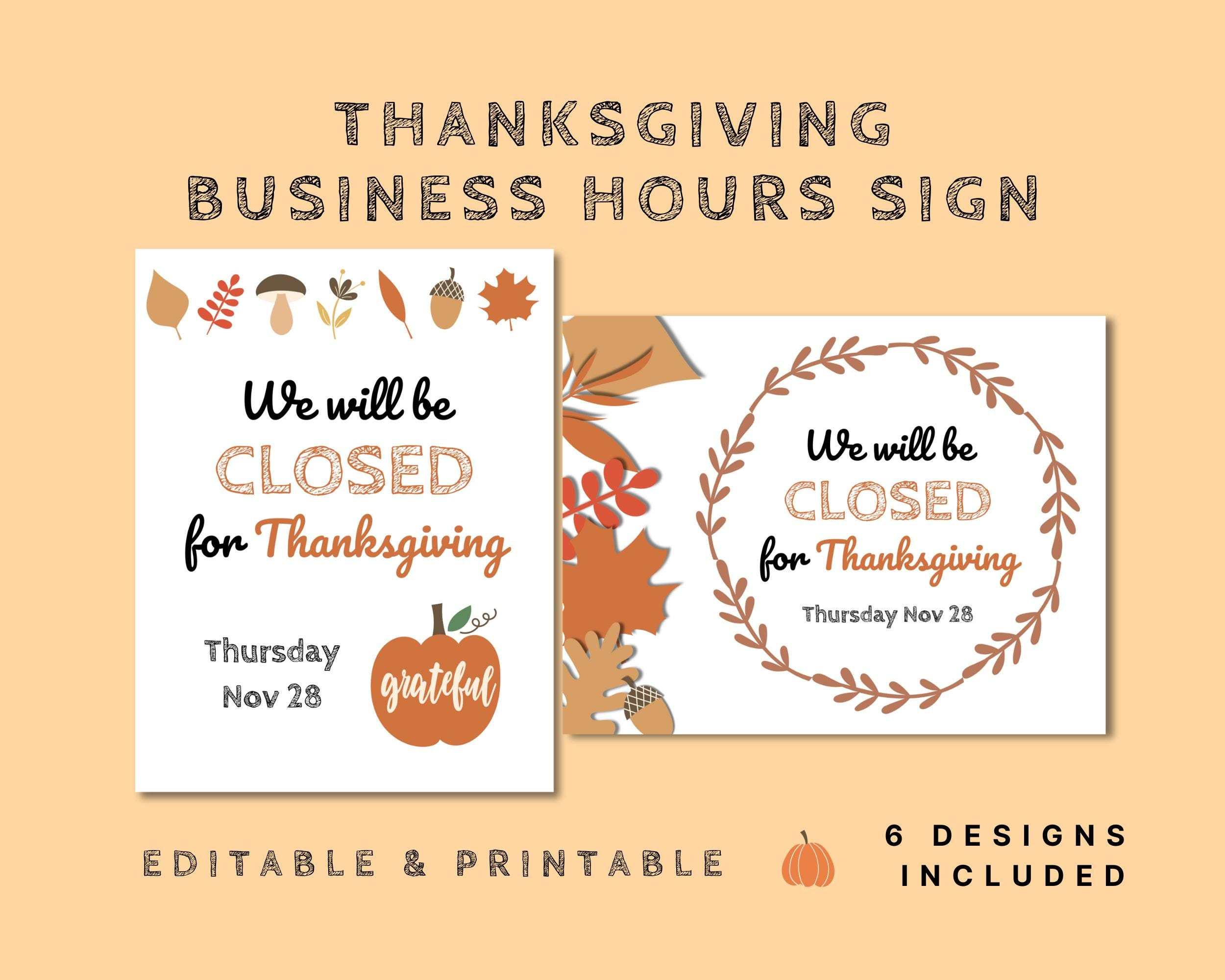 Closed For Thanksgiving Sign With Pumpkins And Fall Leaves in Printable Thanksgiving Hours Sign