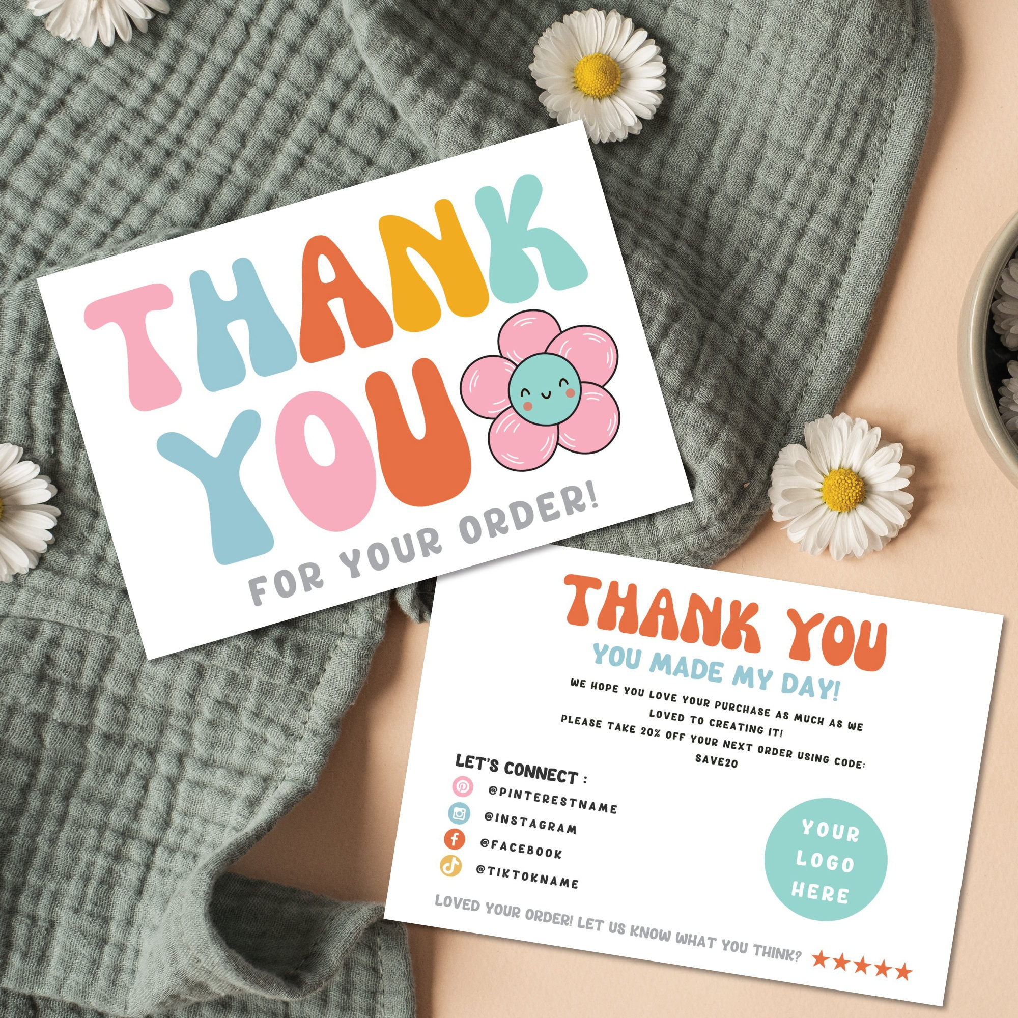 Editable Rainbow Flower Small Business Thank You Card, Printable regarding I Am Thankful For You Business Card Printable