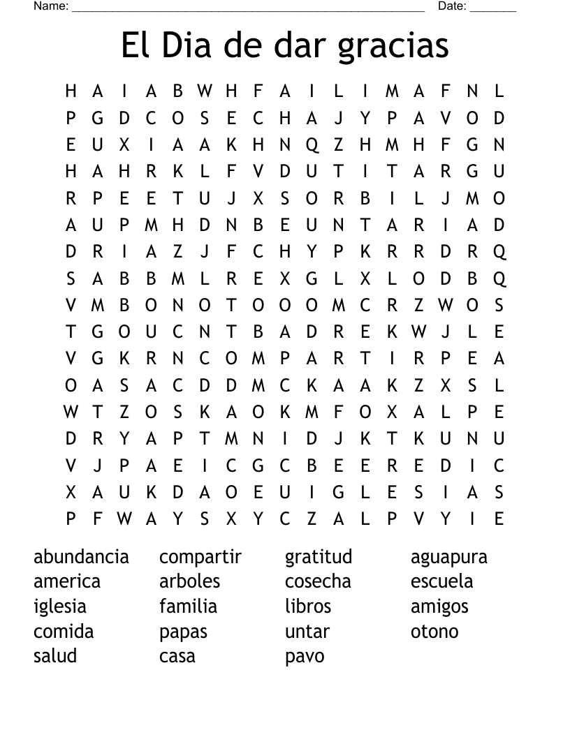 El Dia De Dar Gracias Word Search - Wordmint pertaining to Spanish Thanksgiving Word Search Printable