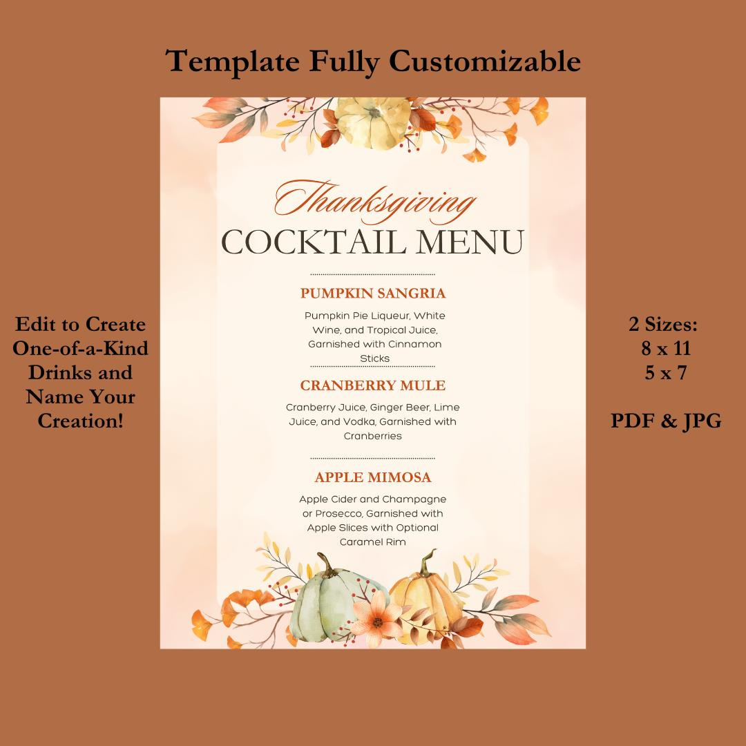 Elegant Thanksgiving Cocktail Menu Template: Editable Design within Thanksgiving Cocktail Menu Template