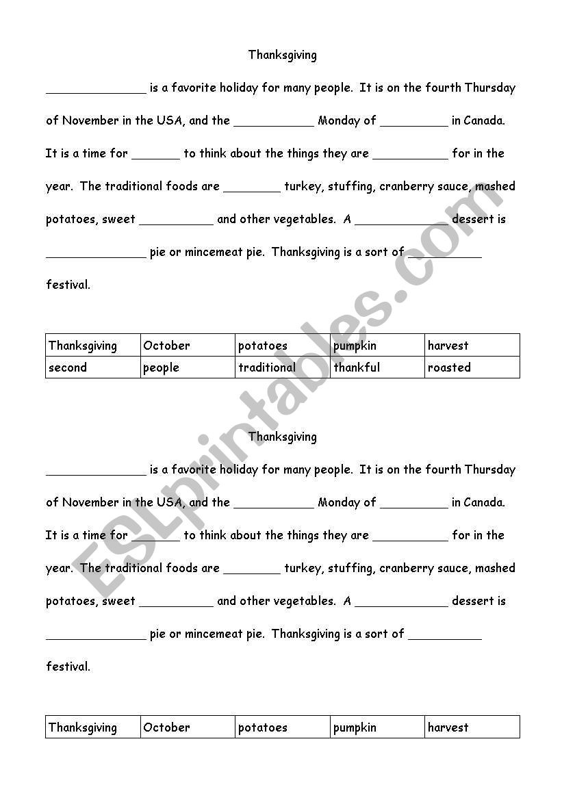 English Worksheets: Thanksgiving Cloze in Thanksgiving Cloze Worksheets