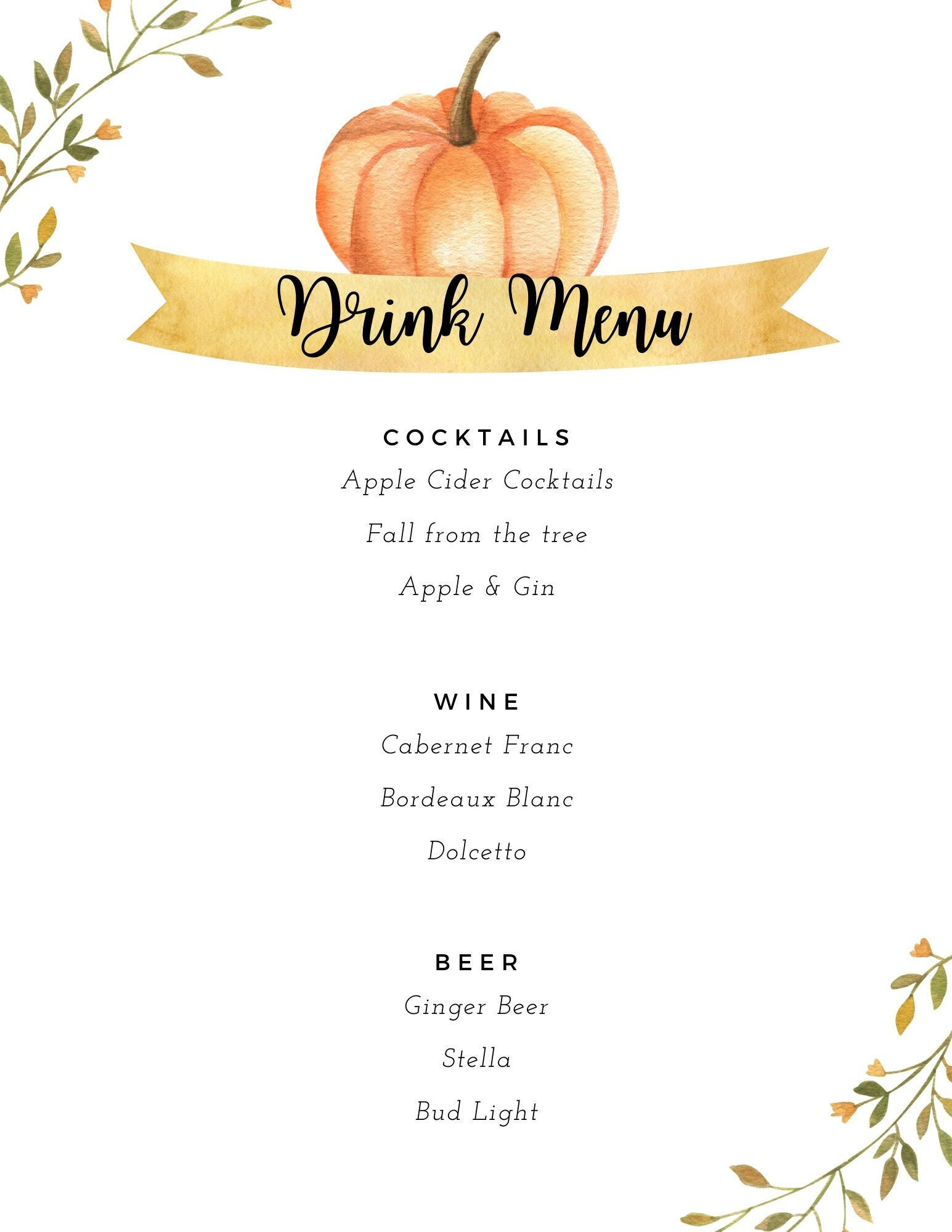 Fall Drink Menu For Party| Printable| Personalized Menu| Pumpkin for Thanksgiving Drink Menu Template