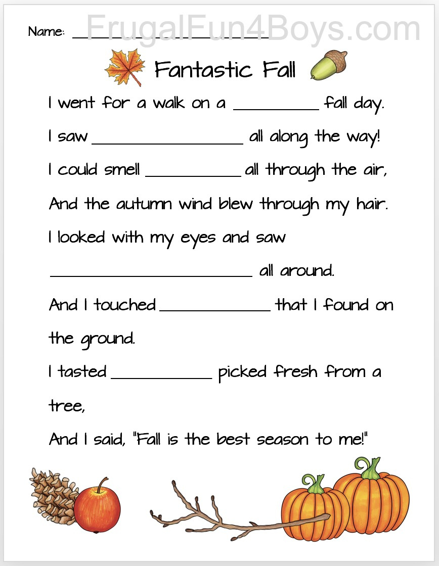 Fall Five Senses Walk Fill-In-The-Blanks Poem - Frugal Fun For in Thanksgiving Fill In the Blank Poems
