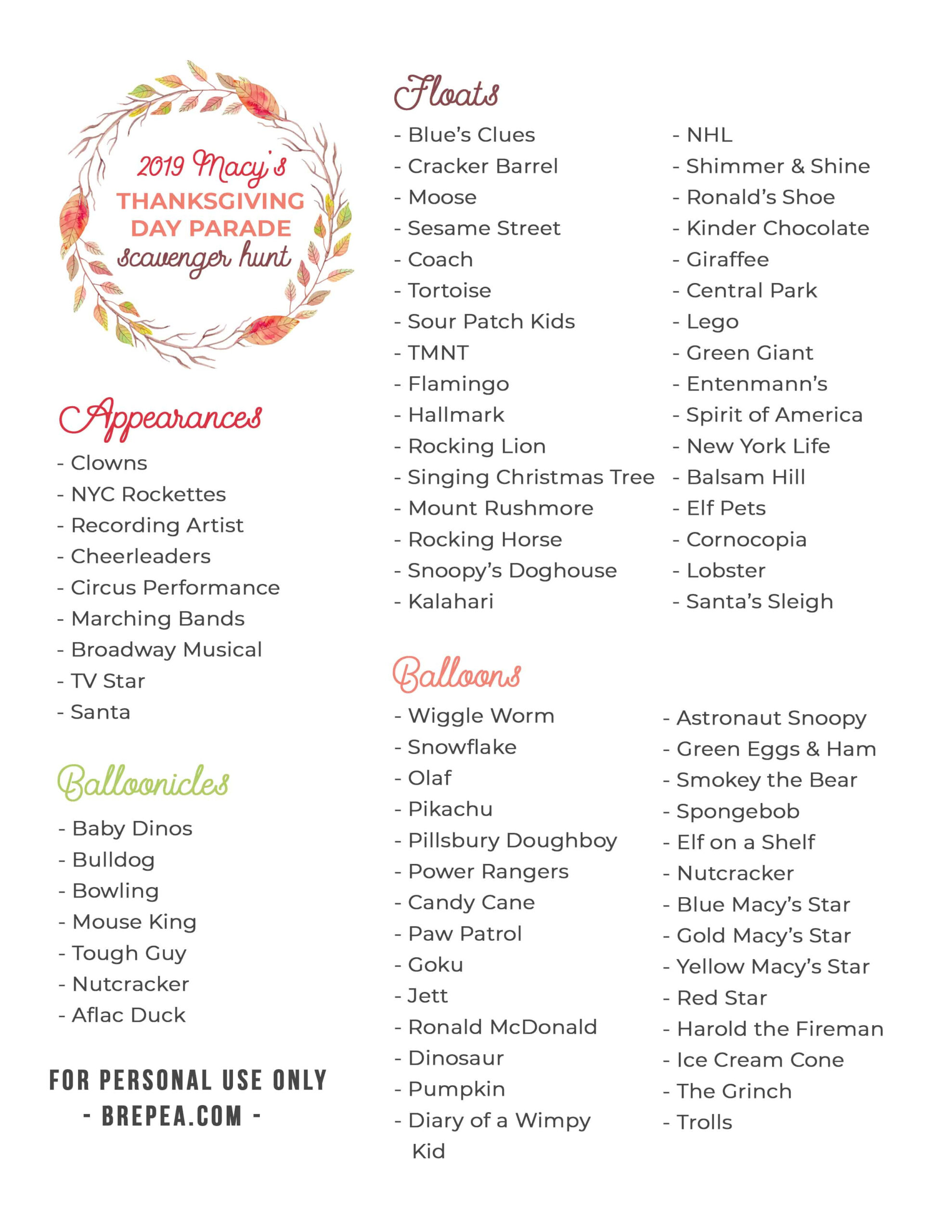 Family Thanksgiving Idea: Macy'S Thanksgiving Day Parade Scavenger regarding Thanksgiving Day Parade Scavenger Hunt 2025 Printable