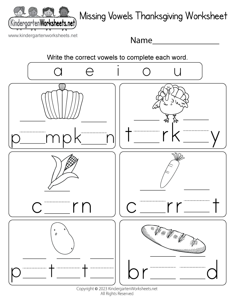 Free Printable Missing Vowels Thanksgiving Worksheet within Free Printable Kindergarten Thanksgiving Worksheets