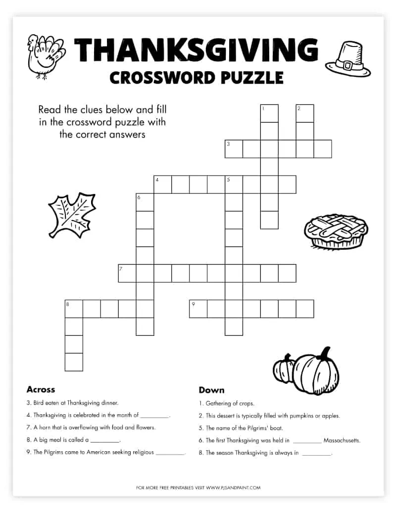 Free Printable Thanksgiving Crossword Puzzle - Pjs And Paint in Printable Thanksgiving Crossword Puzzle