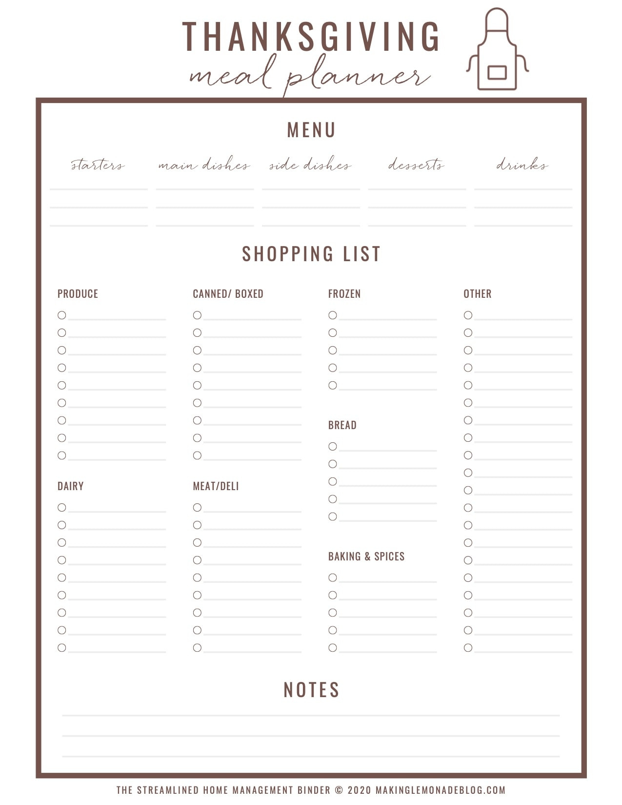 Free Printable Thanksgiving Menu Planner &amp;amp; Checklist - Making Lemonade for Thanksgiving Meal Checklist Printable