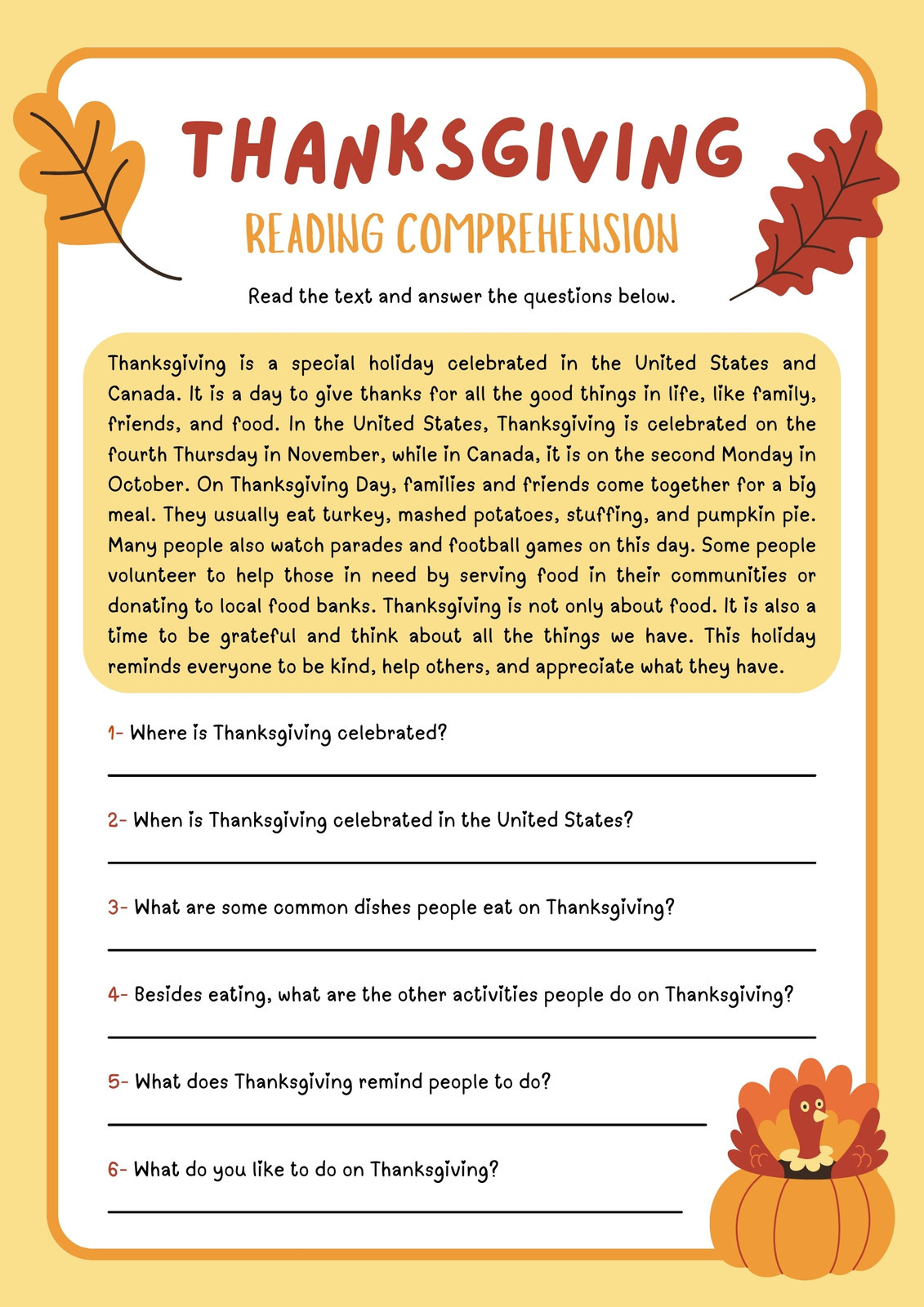 Free Printable Thanksgiving Worksheet Templates | Canva within Thanksgiving Reading Comprehension Worksheet