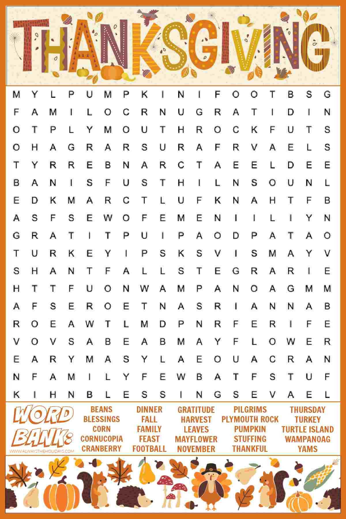 Free Thanksgiving Word Search Printable - With Answers Included in Printable Free Thanksgiving Word Search