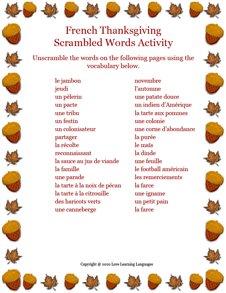 French Thanksgiving Vocabulary List &amp;amp; Scrambled Words - Distance Learning pertaining to Thanksgiving Poems In French