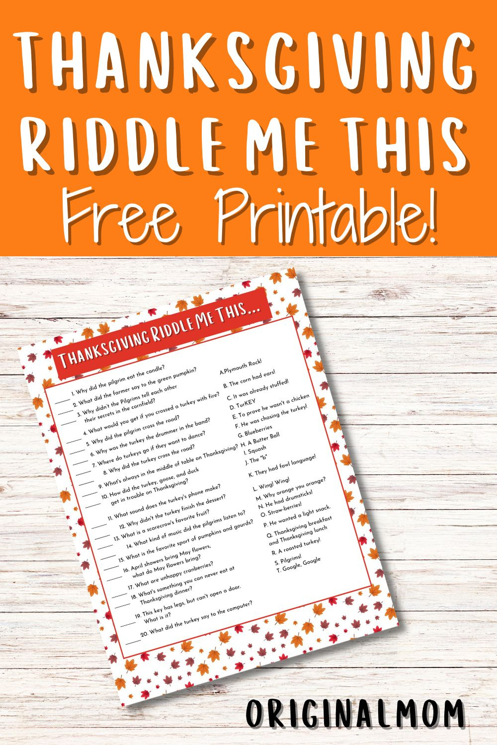 Fun Thanksgiving Riddle Me This Free Printable - Originalmom in Thanksgiving Riddle Me This Printable
