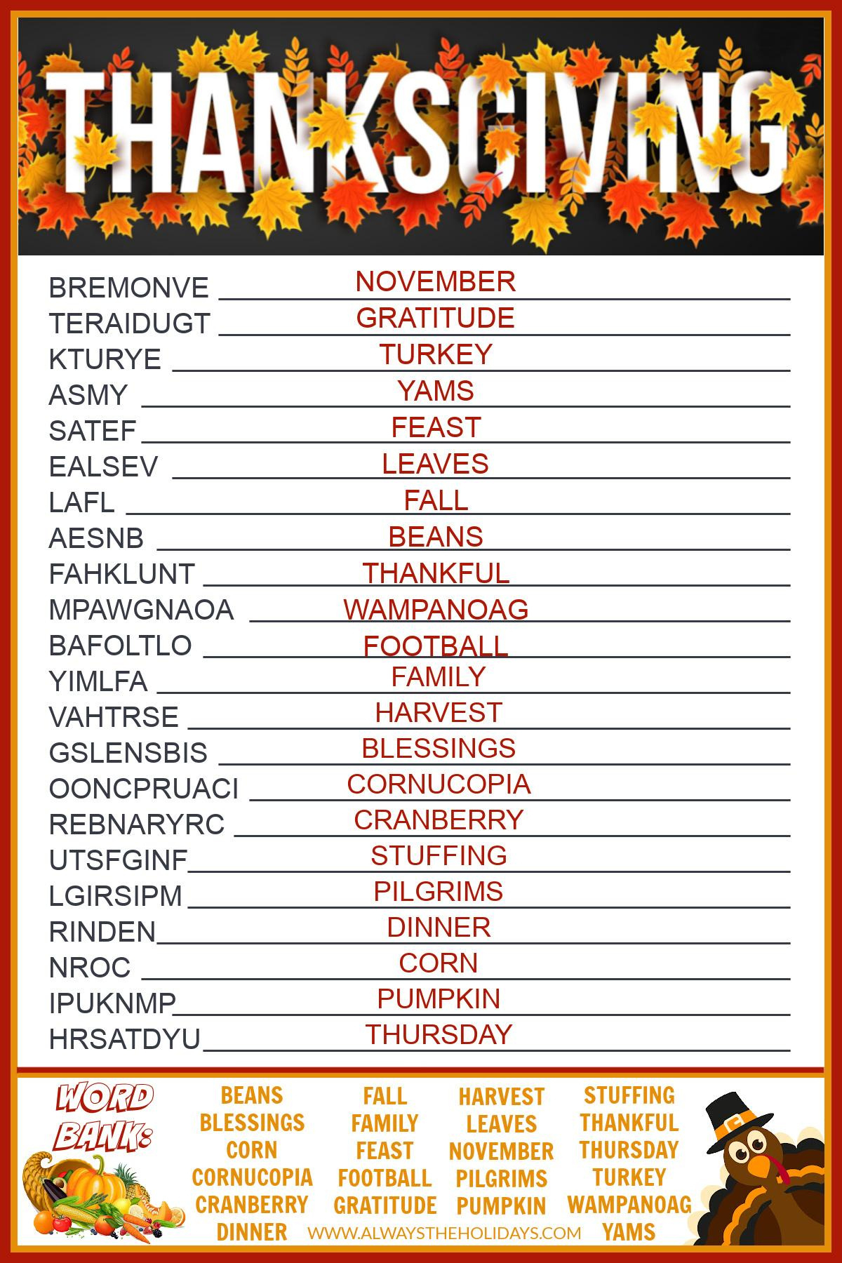 Get A Free Printable Thanksgiving Word Scramble With Answers intended for Thanksgiving Scrambled Words Printable