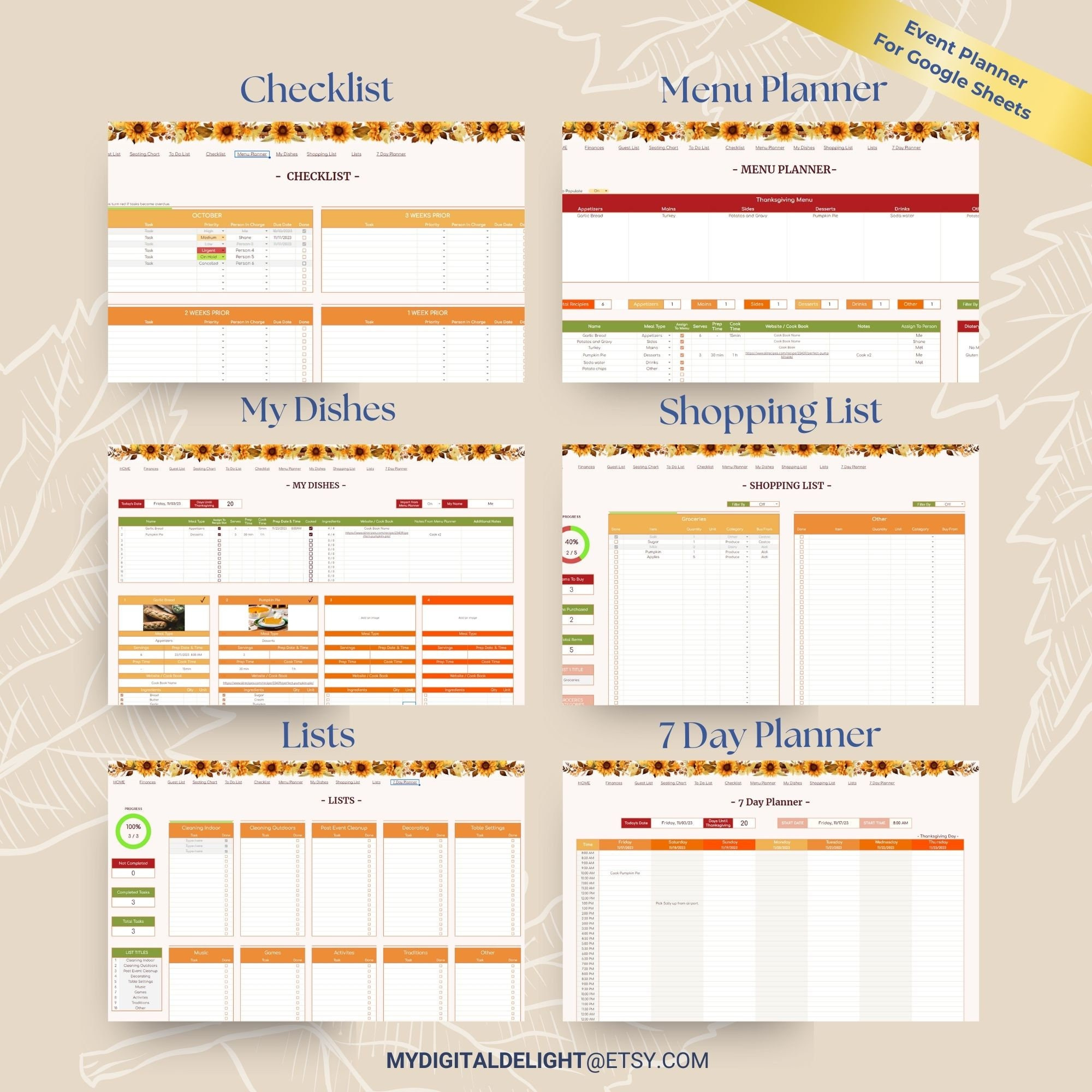 Google Sheets Thanksgiving Template, Thanksgiving Digital Planner with Thanksgiving Menu Google Sheets Template