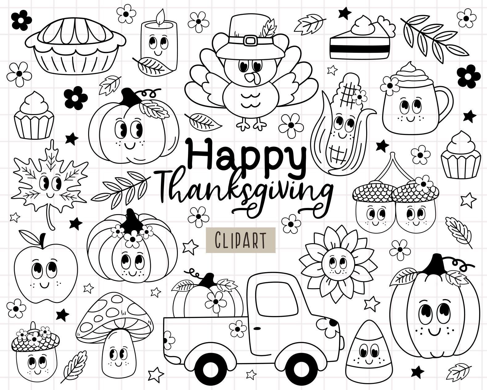 Groovy Autumn Clipart, Retro Fall Png, Thanksgiving Png, Hippie within Printable Thanksgiving Clip Art Black and White