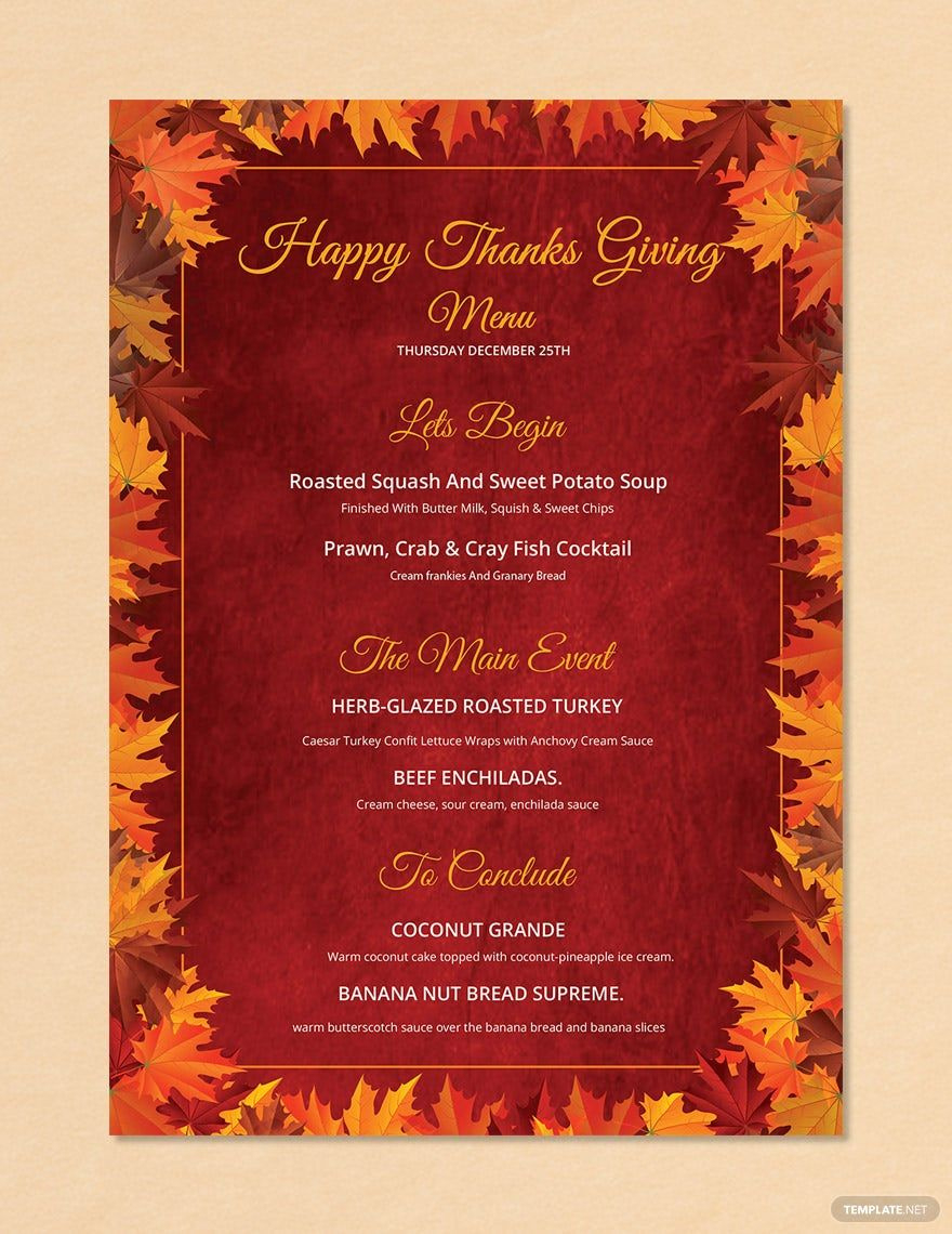 Happy Thanksgiving Menu Template In Pages, Psd, Word, Publisher with regard to Pages Thanksgiving Menu Template