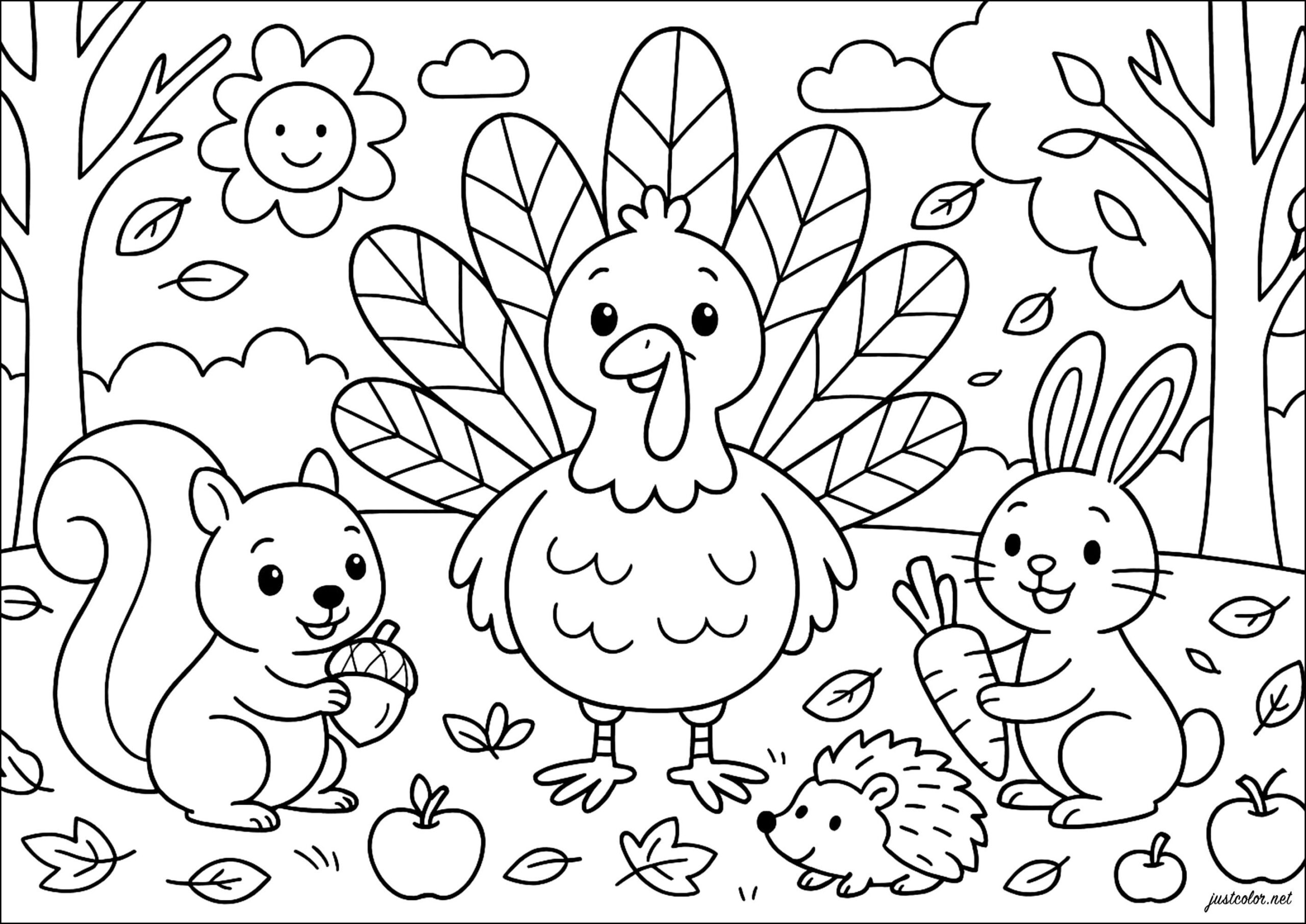 Happy Turkey And His Autumn Friends - Thanksgiving Coloring Pages intended for Printable Thanksgiving Coloring Pages For Preschoolers