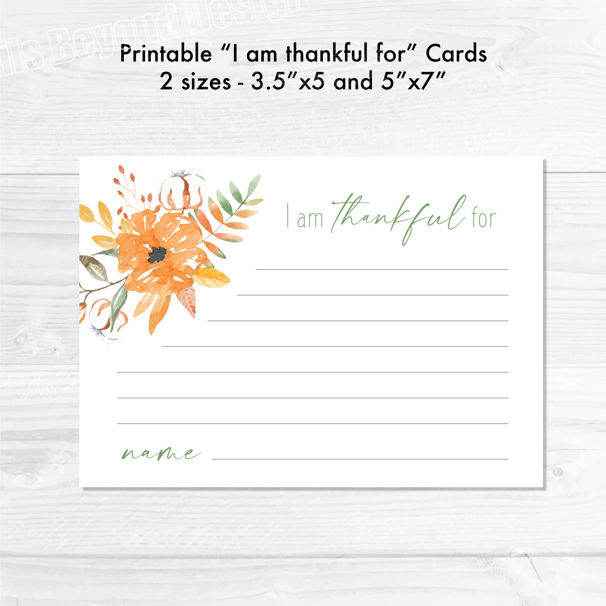 I Am Thankful For Printable Cards - Floral Cotton - 5&amp;quot;X7&amp;quot; And 3.5 with I am Thankful For Printable For Adults