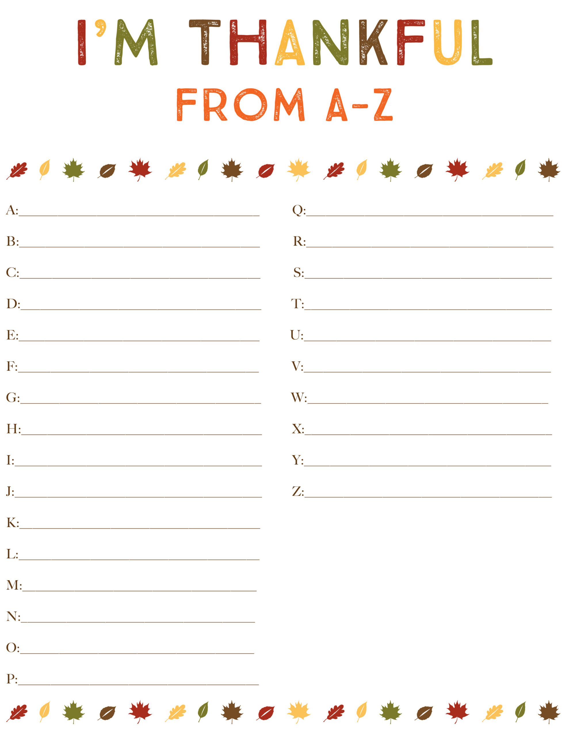 I'M Thankful From A-Z for I am Thankful For Printable A-Z