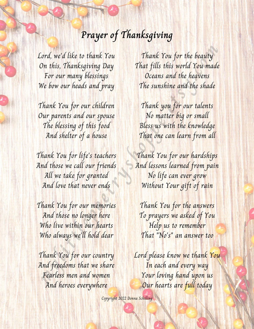 Instant Download Thanksgiving: &amp;quot;Prayer Of Thanksgiving,&amp;quot; Holiday,  Blessings, Thankfulness, 8X10 &amp;amp; 5X7 - Etsy.de inside Thanksgiving Poem Or Prayer