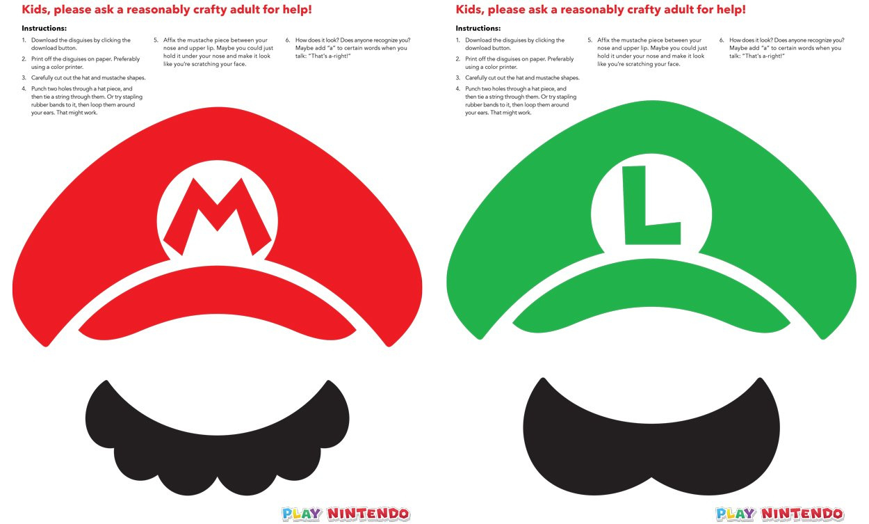 Mario And Luigi Instant Disguise Kit - Printable Hats & Mustaches throughout Mario Turkey Disguise Printable