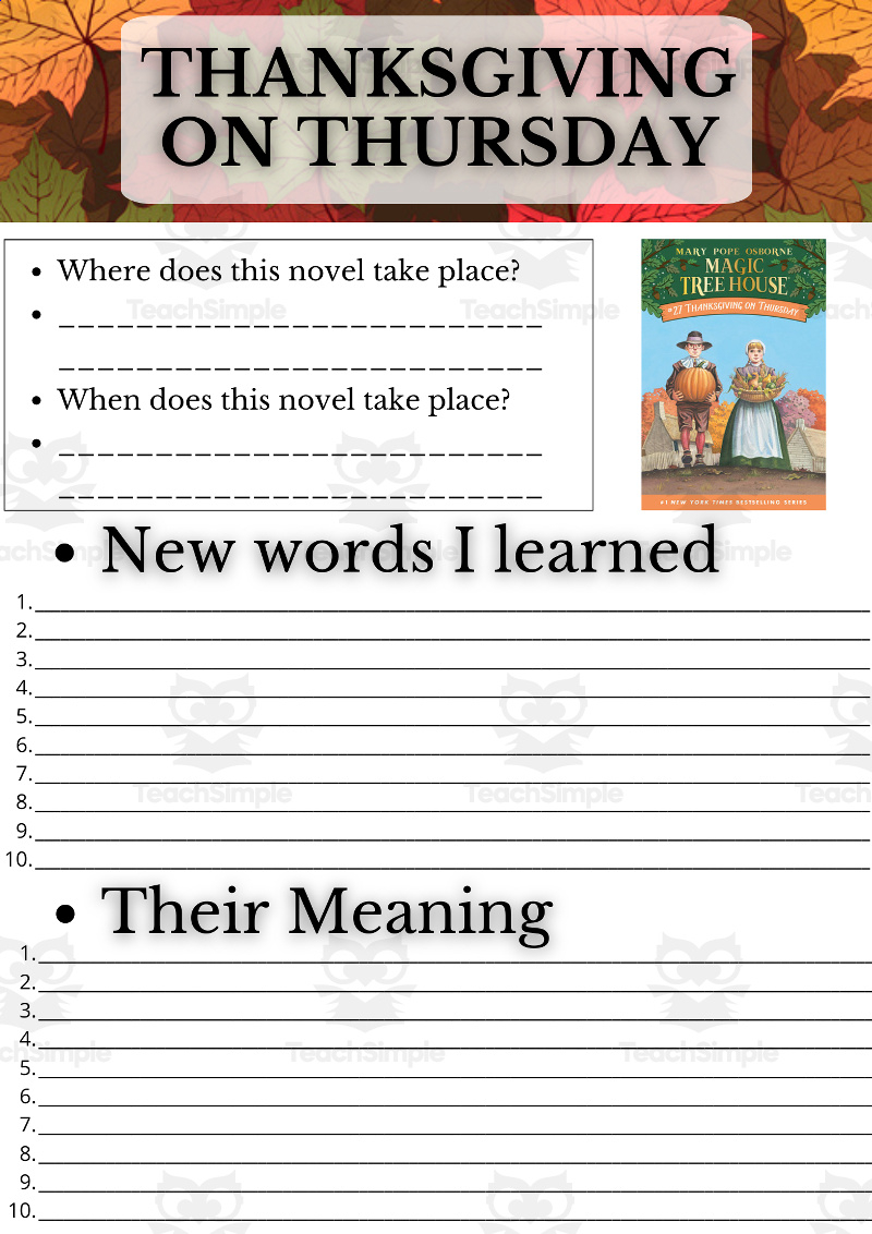 Novel Study - Thanksgiving On Thursday - Magic Tree Houseteach with regard to Magic Tree House Thanksgiving On Thursday Worksheets