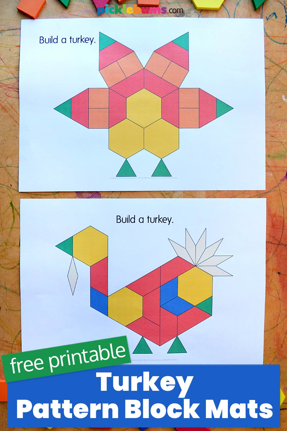 Pattern Block Turkeys - Free Printable - Picklebums in Thanksgiving Pattern Block Mats Free Printable