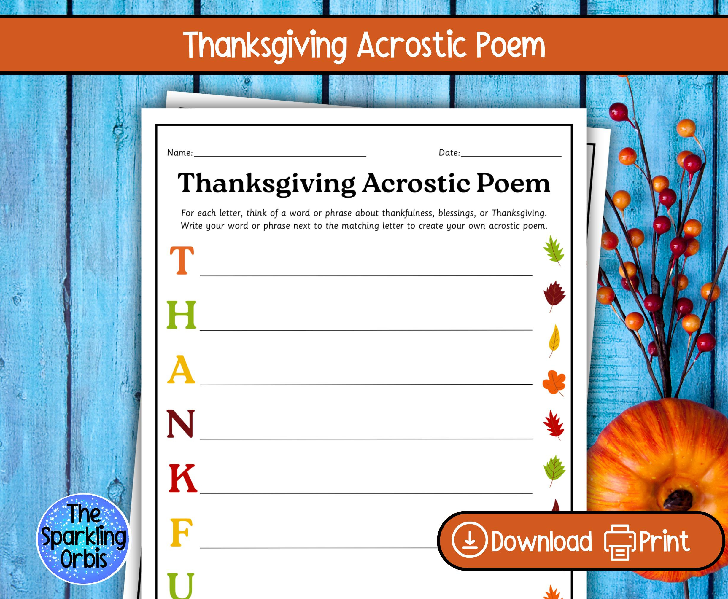 Printable Thanksgiving Acrostic Poem Worksheet | Thanksgiving throughout Thanksgiving Abc Poem